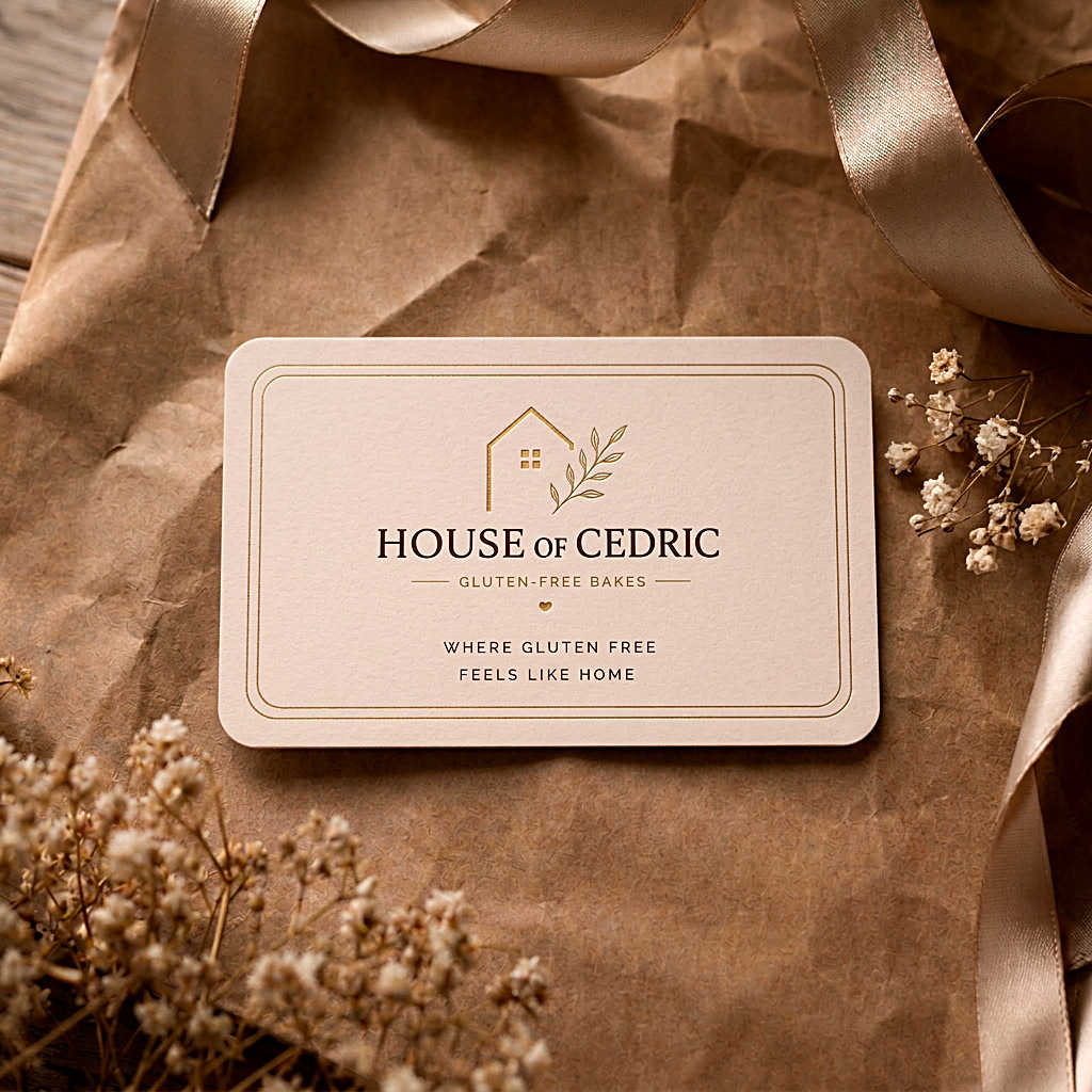House of Cedric printed oat and gold card on crinkled kraft paper with gypsophila and champagne ribbon